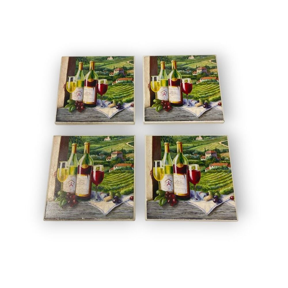 Absorbent Stone 4 Drink Coasters Italian Vineyard Wine Bottles Glasses Image